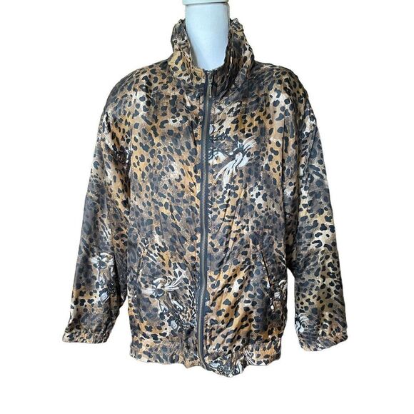 Vintage EVR Women's Tan Animal Print Full Zip Silk Bomber Jacket Size XL - Picture 1 of 7